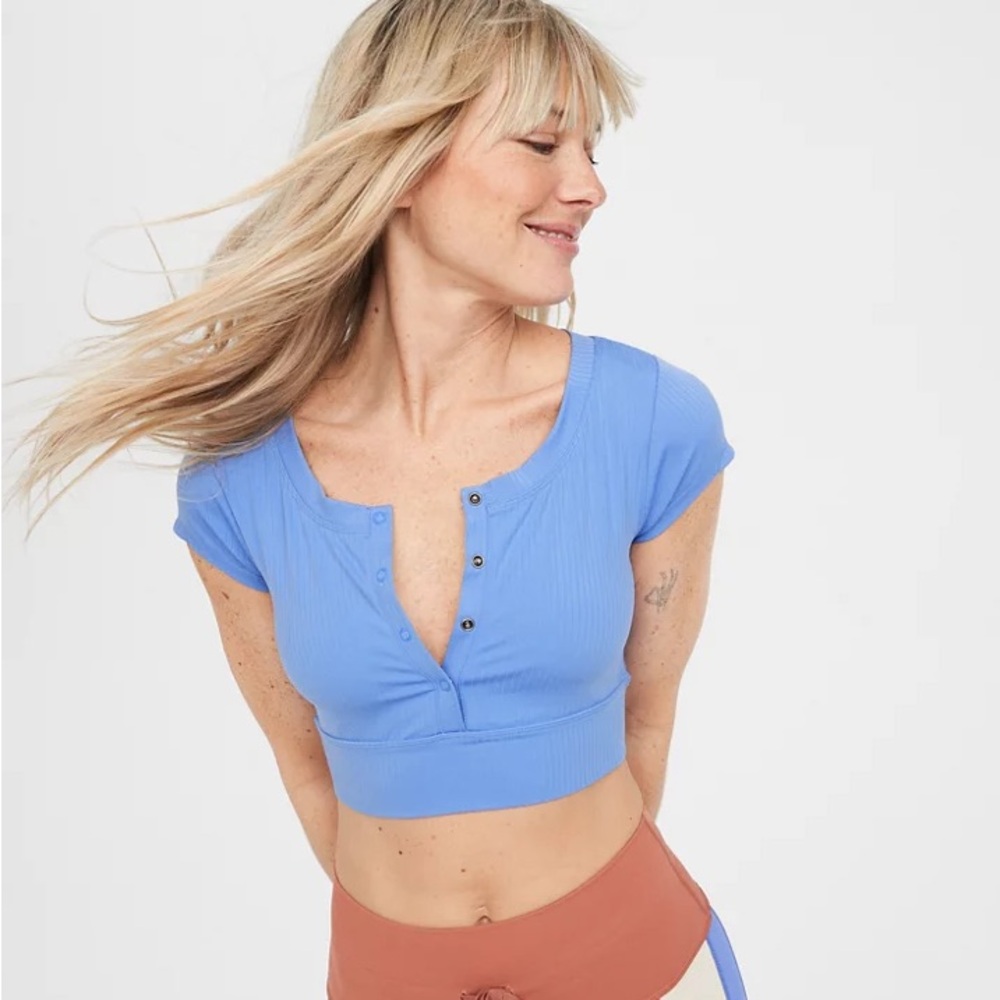 OFFLINE By Aerie Real Me Henley Crop Tee In Baja Blue